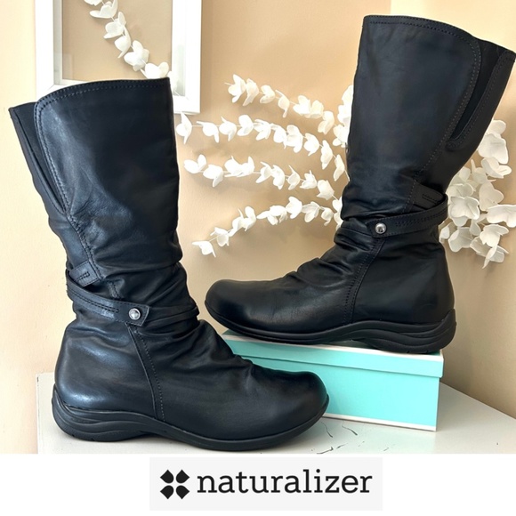 NATURALIZER Waterproof Leather Lined Boots Ruched Wide Fit Size 10W - Picture 1 of 14